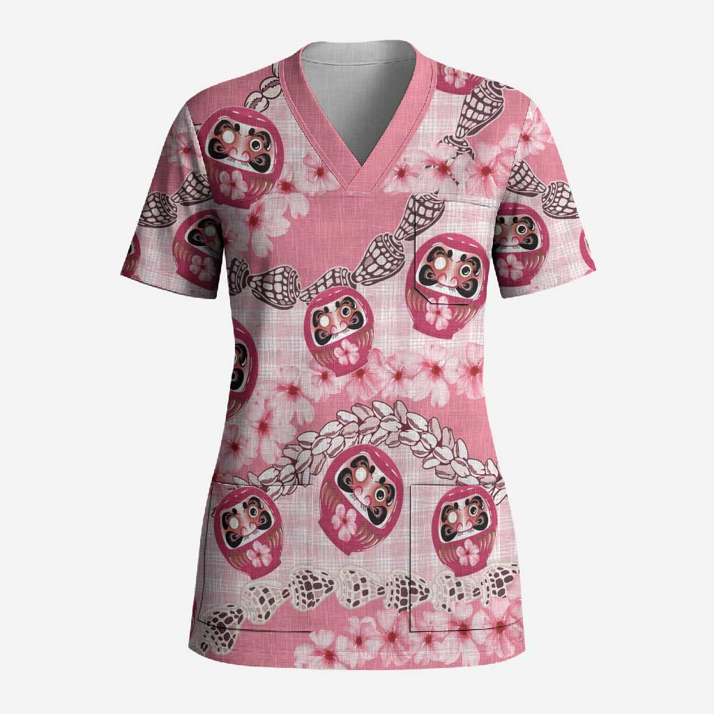 Japanese Daruma Doll Palaka Scrub Top Cherry Blossoms With Shell Lei LT14 Adult Pink - Polynesian Pride