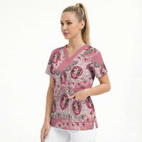 Japanese Daruma Doll Palaka Scrub Top Cherry Blossoms With Shell Lei LT14 - Polynesian Pride