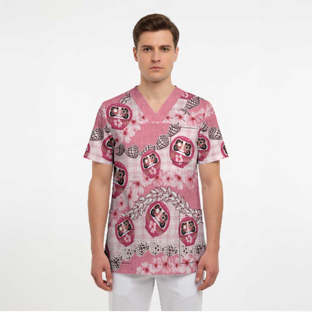 Japanese Daruma Doll Palaka Scrub Top Cherry Blossoms With Shell Lei LT14 - Polynesian Pride