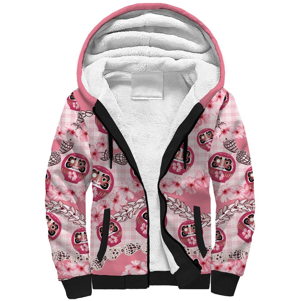 Japanese Daruma Doll Palaka Sherpa Hoodie Cherry Blossoms With Shell Lei LT14 Unisex Pink - Polynesian Pride