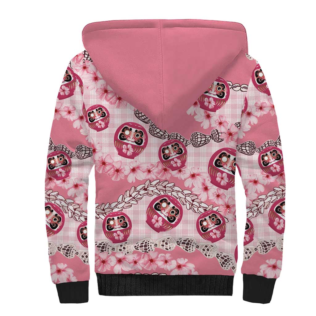 Japanese Daruma Doll Palaka Sherpa Hoodie Cherry Blossoms With Shell Lei LT14 - Polynesian Pride