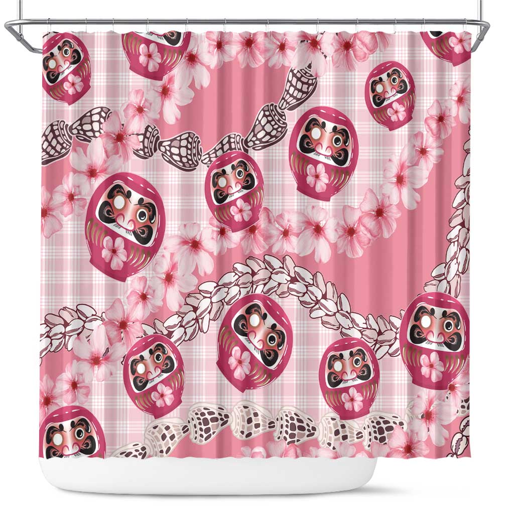 Japanese Daruma Doll Palaka Shower Curtain Cherry Blossoms With Shell Lei LT14 Pink - Polynesian Pride