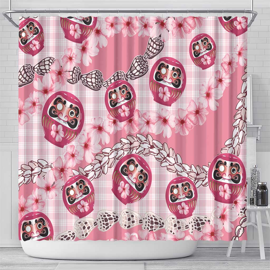 Japanese Daruma Doll Palaka Shower Curtain Cherry Blossoms With Shell Lei LT14 - Polynesian Pride