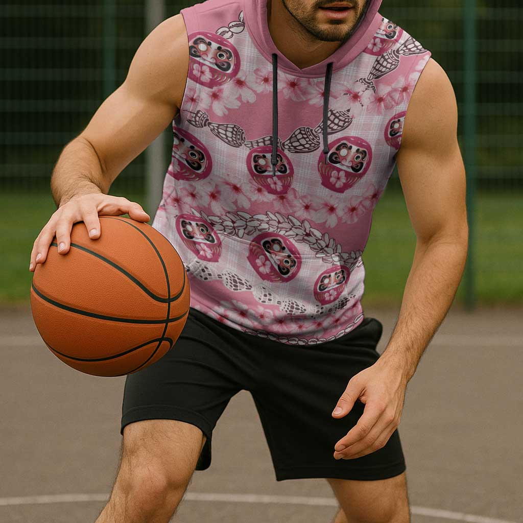 Japanese Daruma Doll Palaka Sleeveless Hoodie Cherry Blossoms With Shell Lei - Polynesian Pride