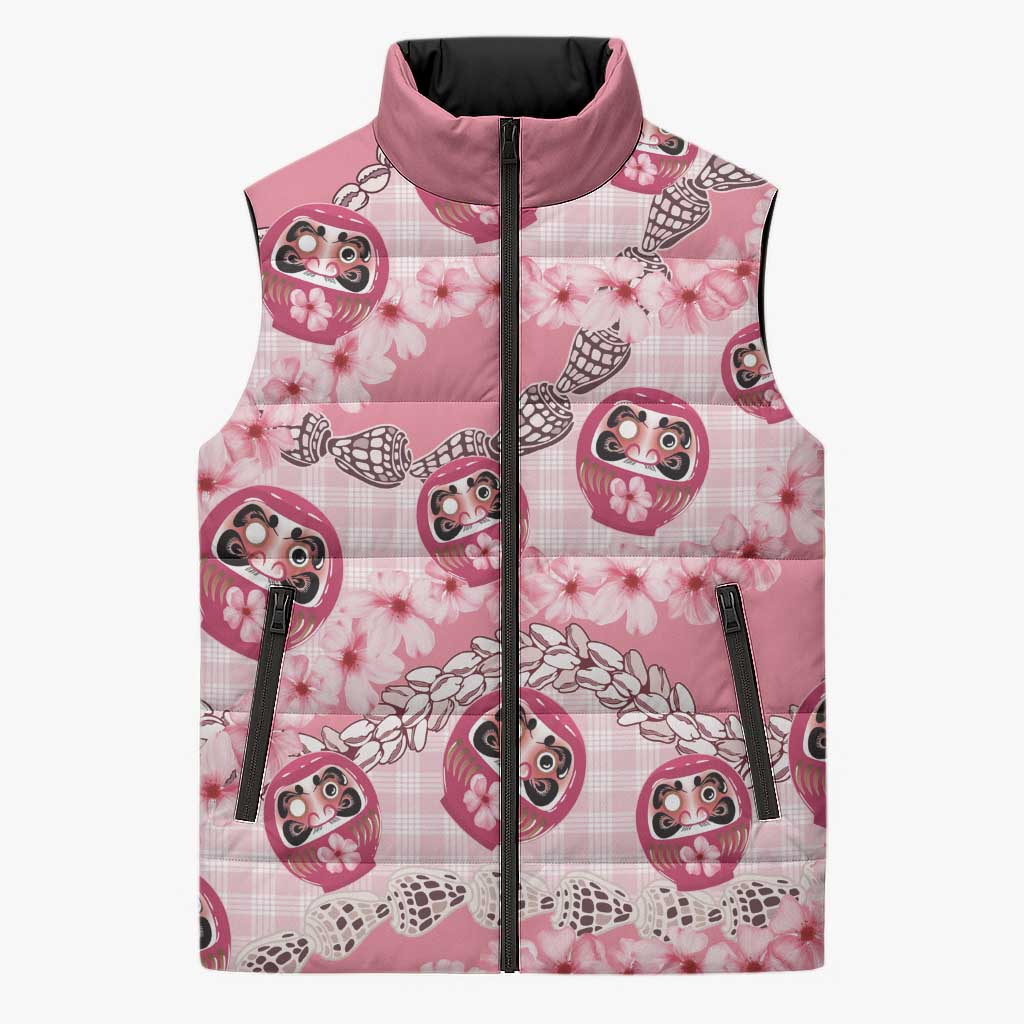 Japanese Daruma Doll Palaka Sleeveless Puffer Jacket Cherry Blossoms With Shell Lei - Polynesian Pride