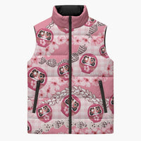 Japanese Daruma Doll Palaka Sleeveless Puffer Jacket Cherry Blossoms With Shell Lei - Polynesian Pride