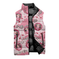 Japanese Daruma Doll Palaka Sleeveless Puffer Jacket Cherry Blossoms With Shell Lei - Polynesian Pride