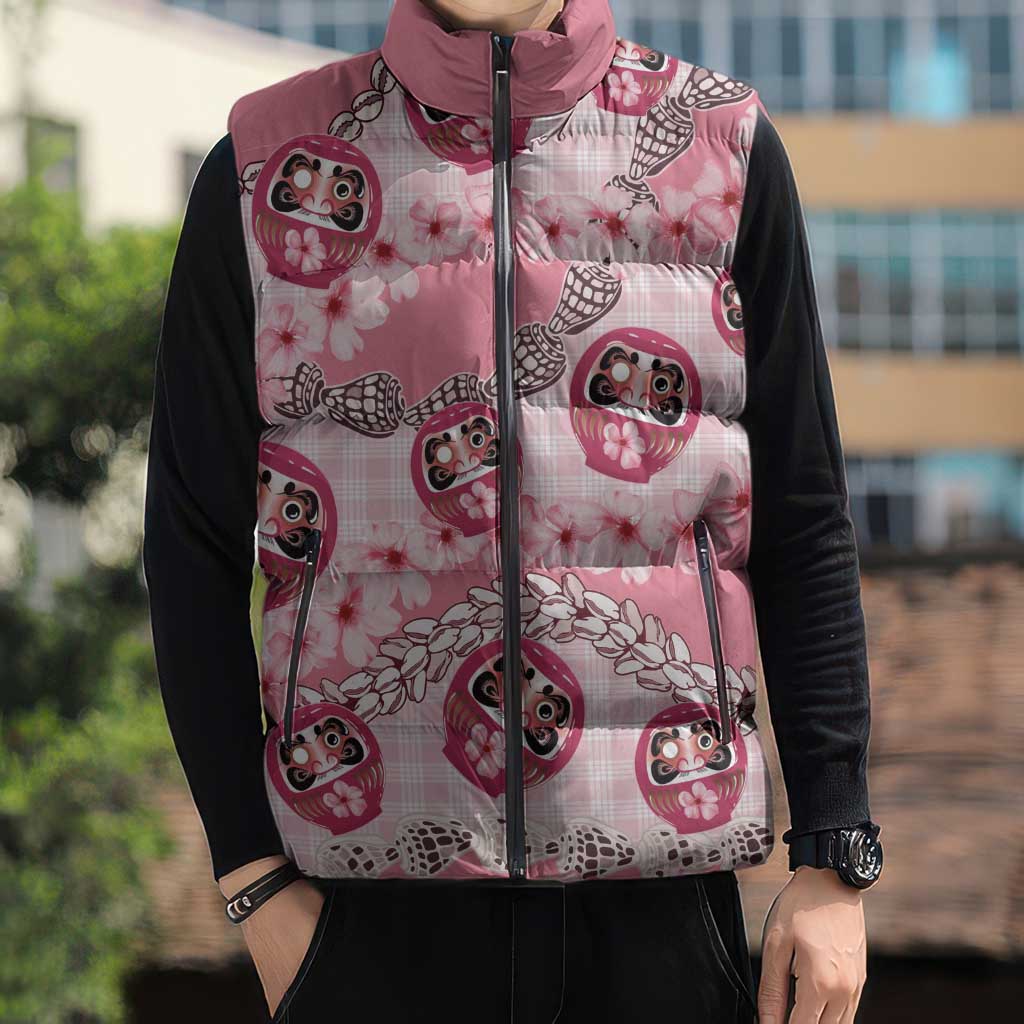 Japanese Daruma Doll Palaka Sleeveless Puffer Jacket Cherry Blossoms With Shell Lei - Polynesian Pride