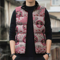 Japanese Daruma Doll Palaka Sleeveless Puffer Jacket Cherry Blossoms With Shell Lei - Polynesian Pride