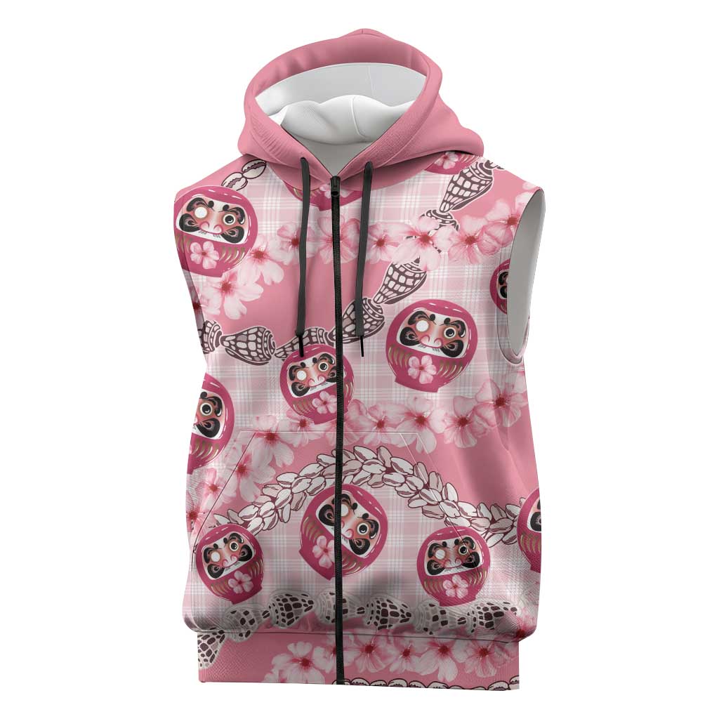 Japanese Daruma Doll Palaka Sleeveless Zip Hoodie Cherry Blossoms With Shell Lei LT14 Pink - Polynesian Pride