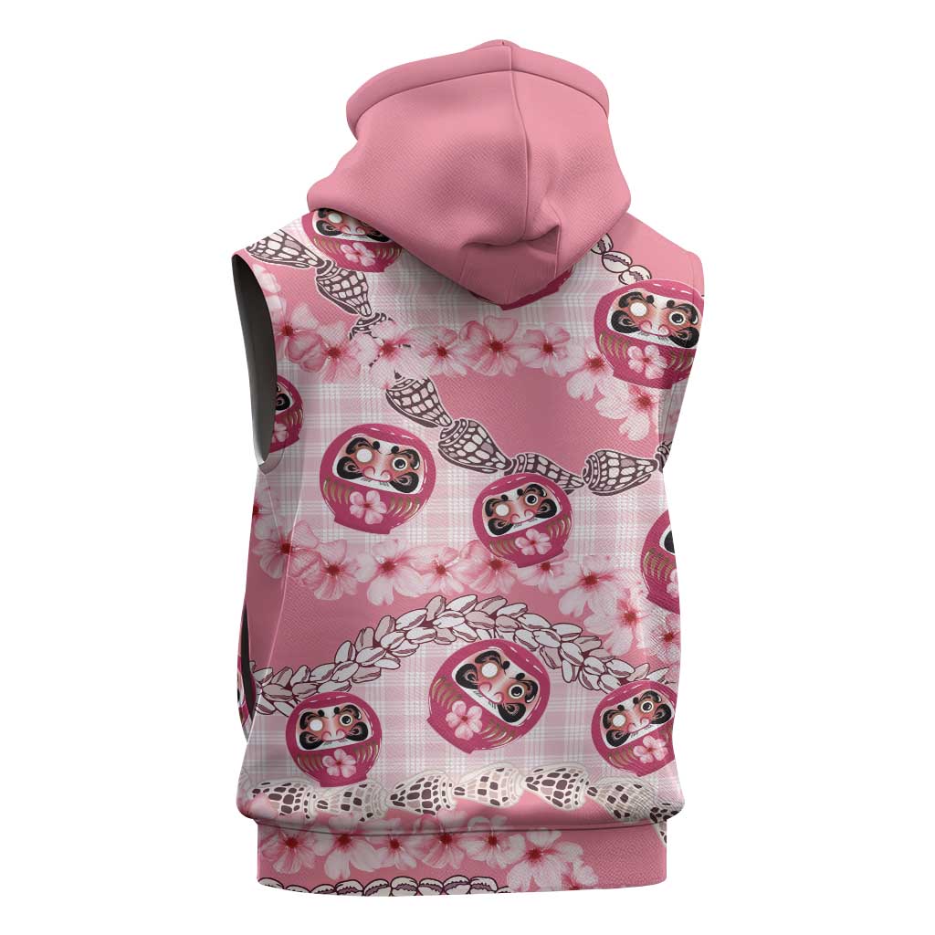 Japanese Daruma Doll Palaka Sleeveless Zip Hoodie Cherry Blossoms With Shell Lei - Polynesian Pride