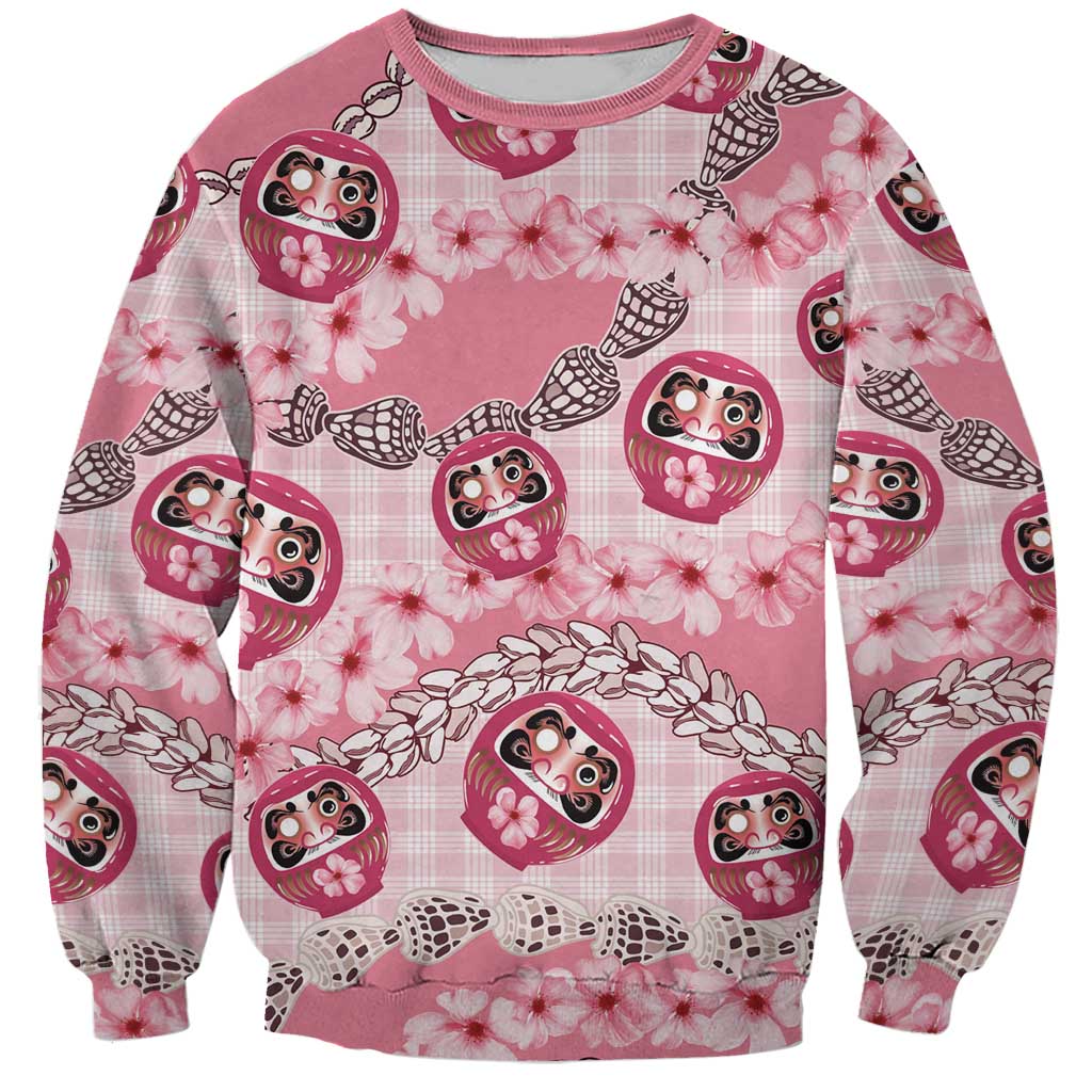 Japanese Daruma Doll Palaka Sweatshirt Cherry Blossoms With Shell Lei LT14 Unisex Pink - Polynesian Pride