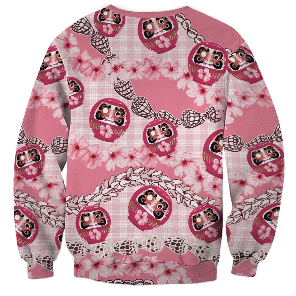Japanese Daruma Doll Palaka Sweatshirt Cherry Blossoms With Shell Lei - Polynesian Pride