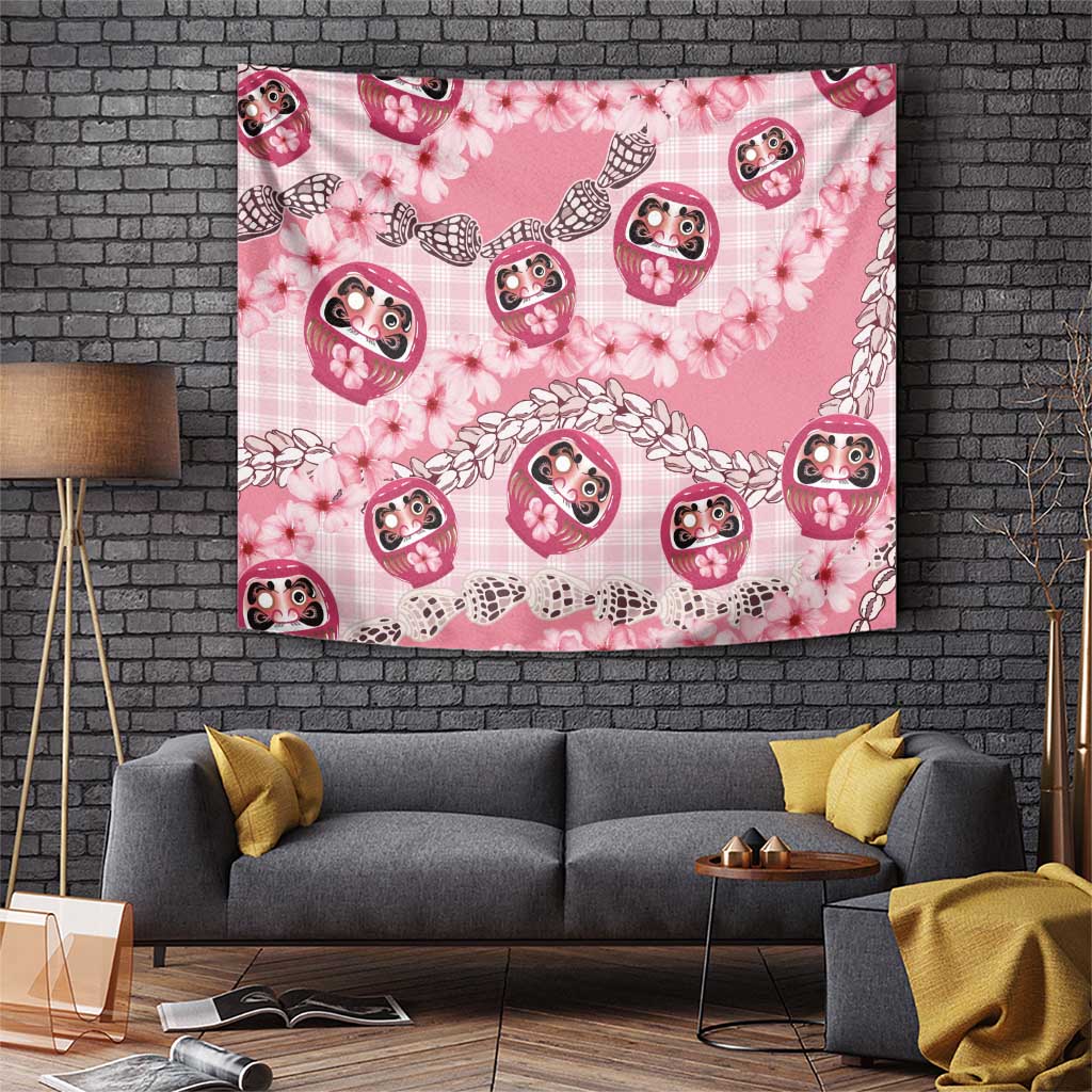 Japanese Daruma Doll Palaka Tapestry Cherry Blossoms With Shell Lei - Polynesian Pride