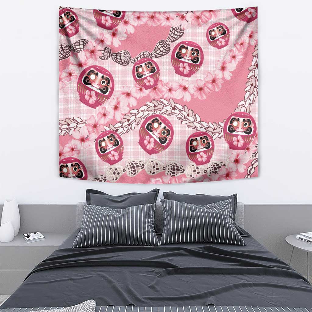 Japanese Daruma Doll Palaka Tapestry Cherry Blossoms With Shell Lei - Polynesian Pride