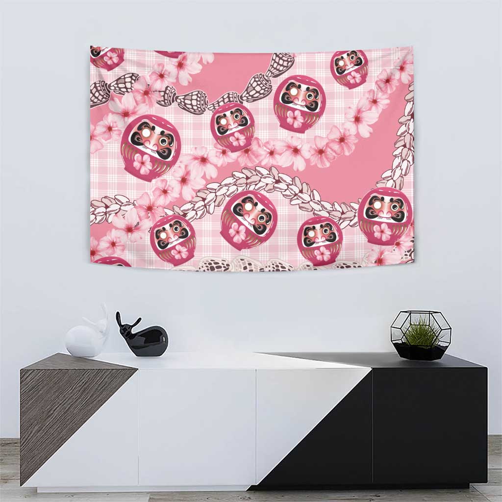 Japanese Daruma Doll Palaka Tapestry Cherry Blossoms With Shell Lei - Polynesian Pride