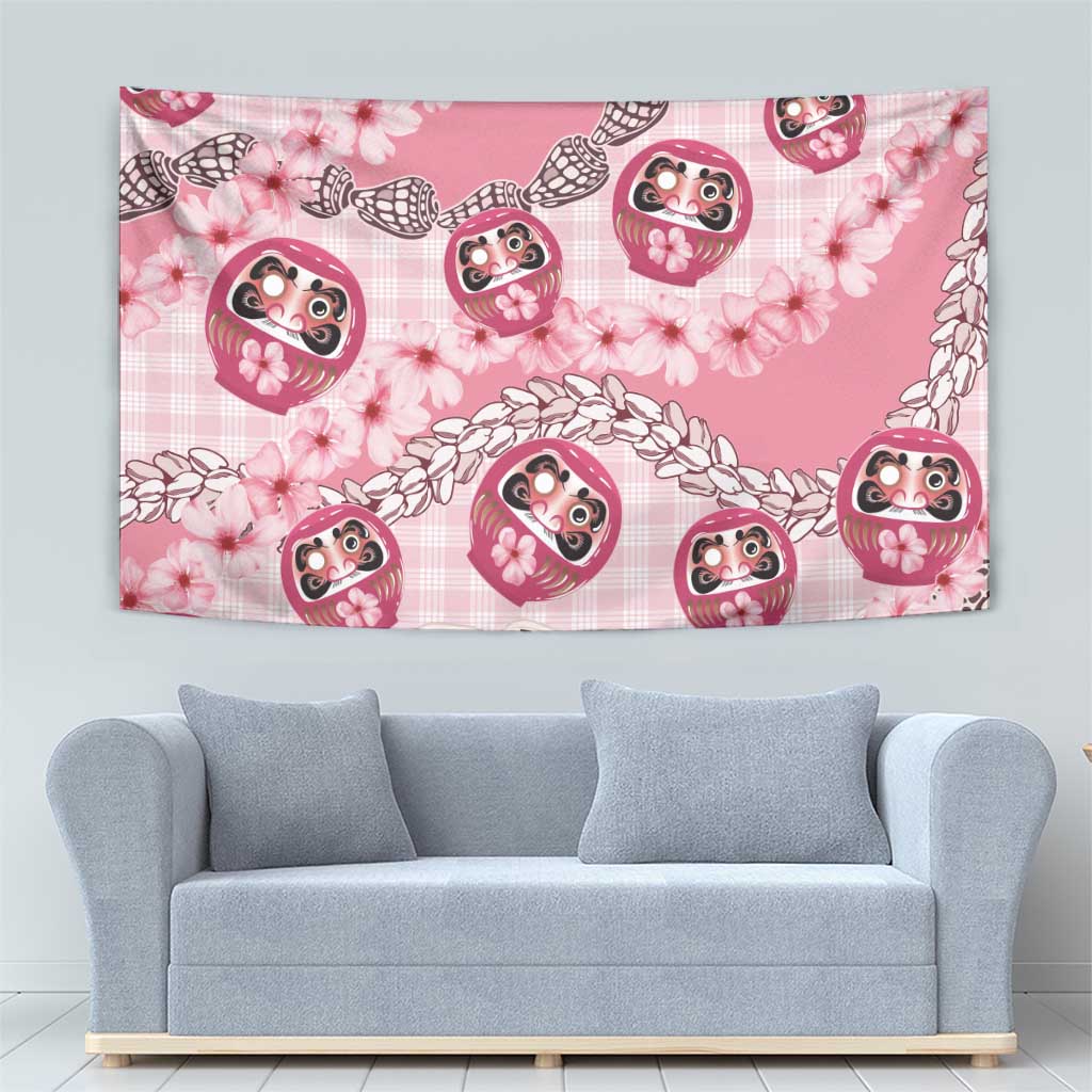 Japanese Daruma Doll Palaka Tapestry Cherry Blossoms With Shell Lei - Polynesian Pride