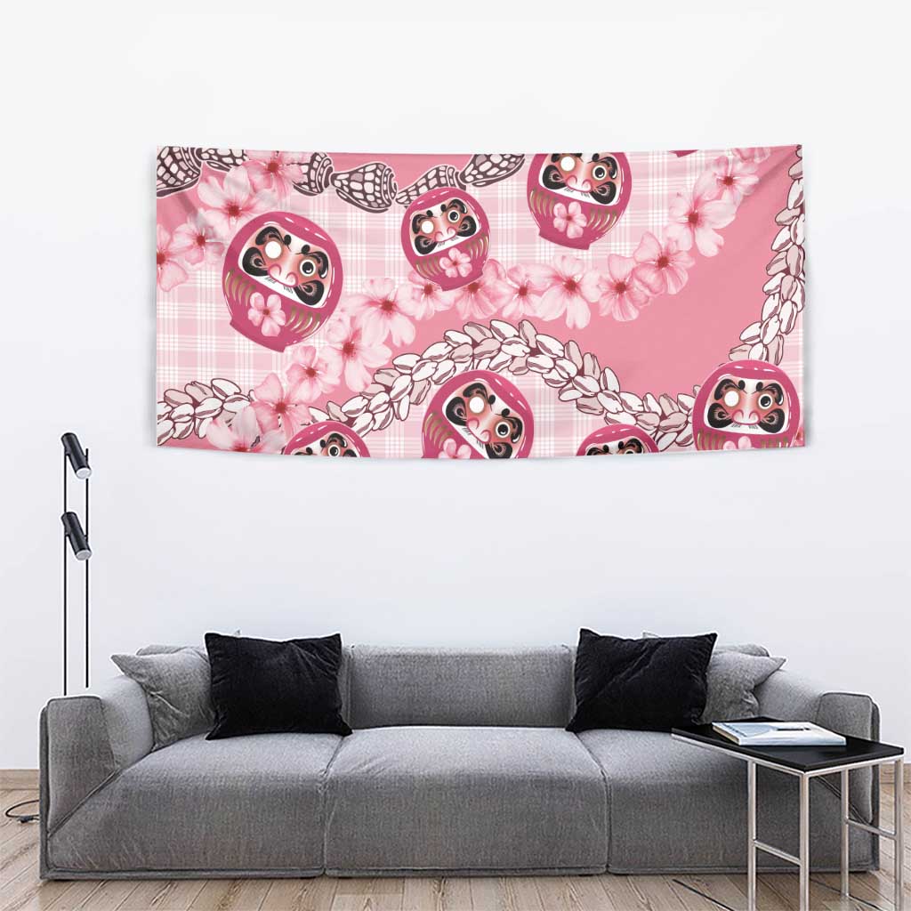Japanese Daruma Doll Palaka Tapestry Cherry Blossoms With Shell Lei - Polynesian Pride