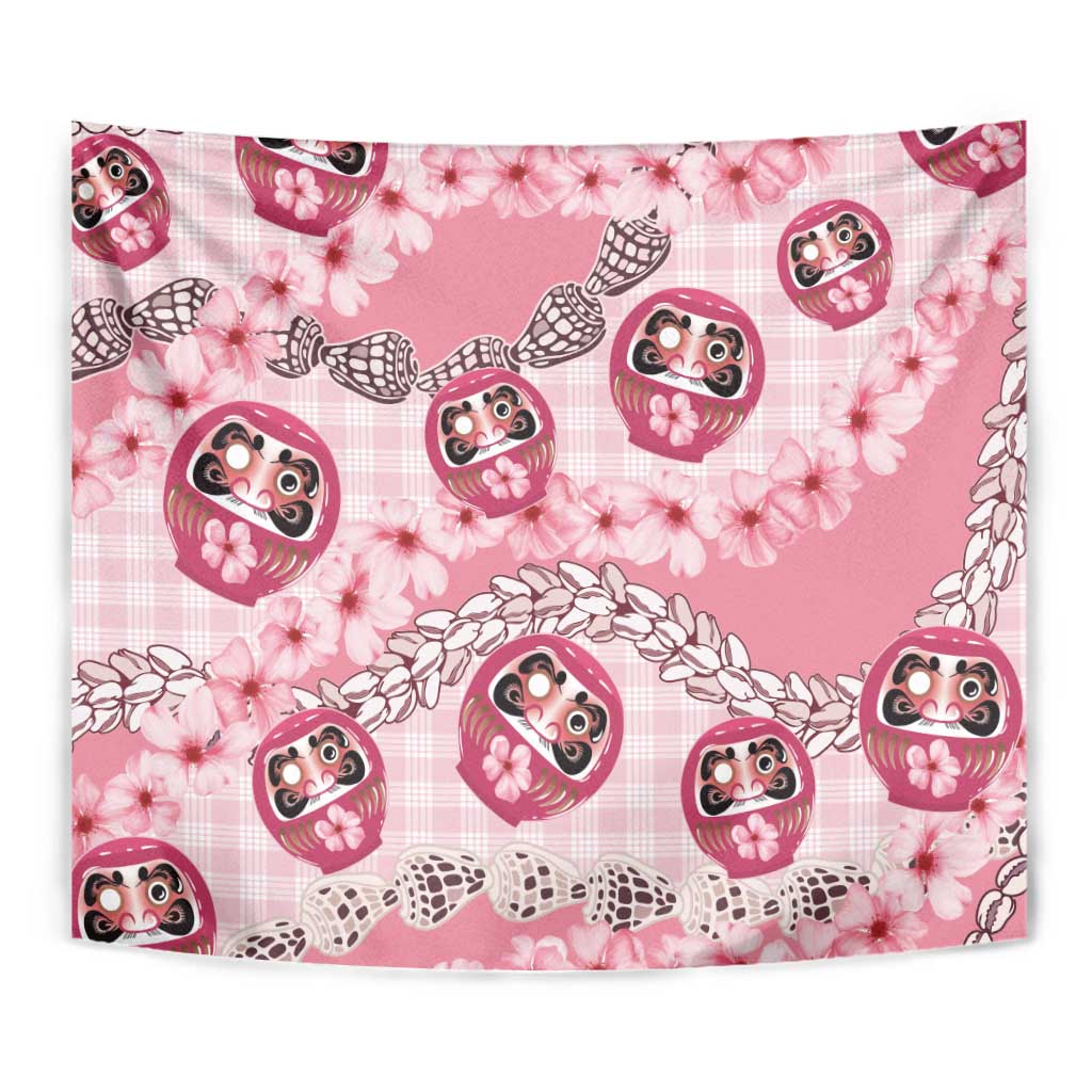 Japanese Daruma Doll Palaka Tapestry Cherry Blossoms With Shell Lei - Polynesian Pride
