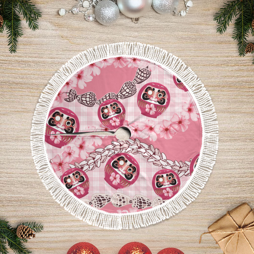 Japanese Daruma Doll Palaka Tree Skirt Cherry Blossoms With Shell Lei LT14 Fringed Pink - Polynesian Pride