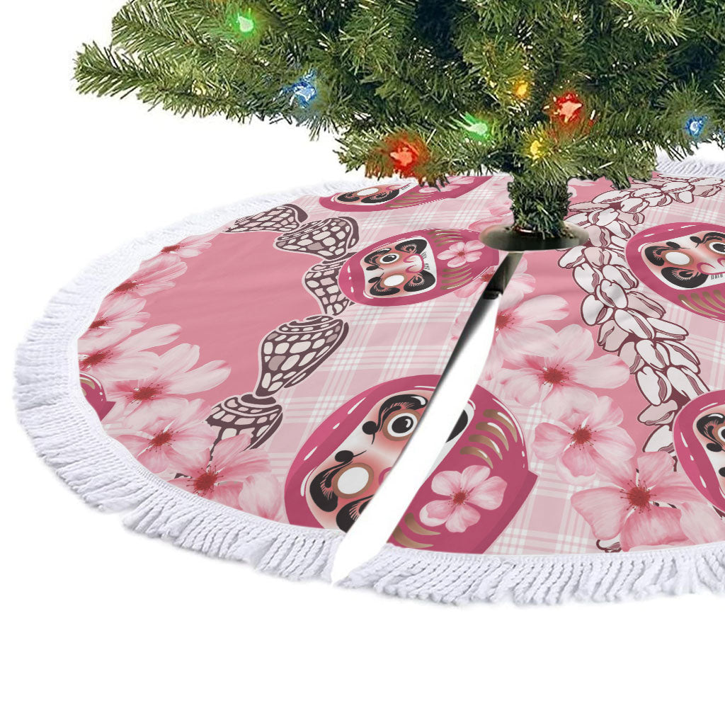 Japanese Daruma Doll Palaka Tree Skirt Cherry Blossoms With Shell Lei LT14 - Polynesian Pride