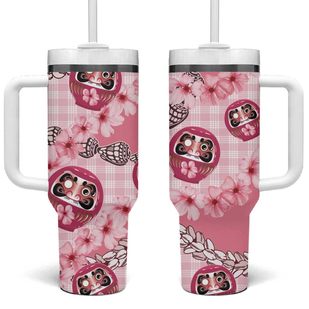 Japanese Daruma Doll Palaka Tumbler With Handle Cherry Blossoms With Shell Lei LT14 One Size: 40 oz Pink - Polynesian Pride