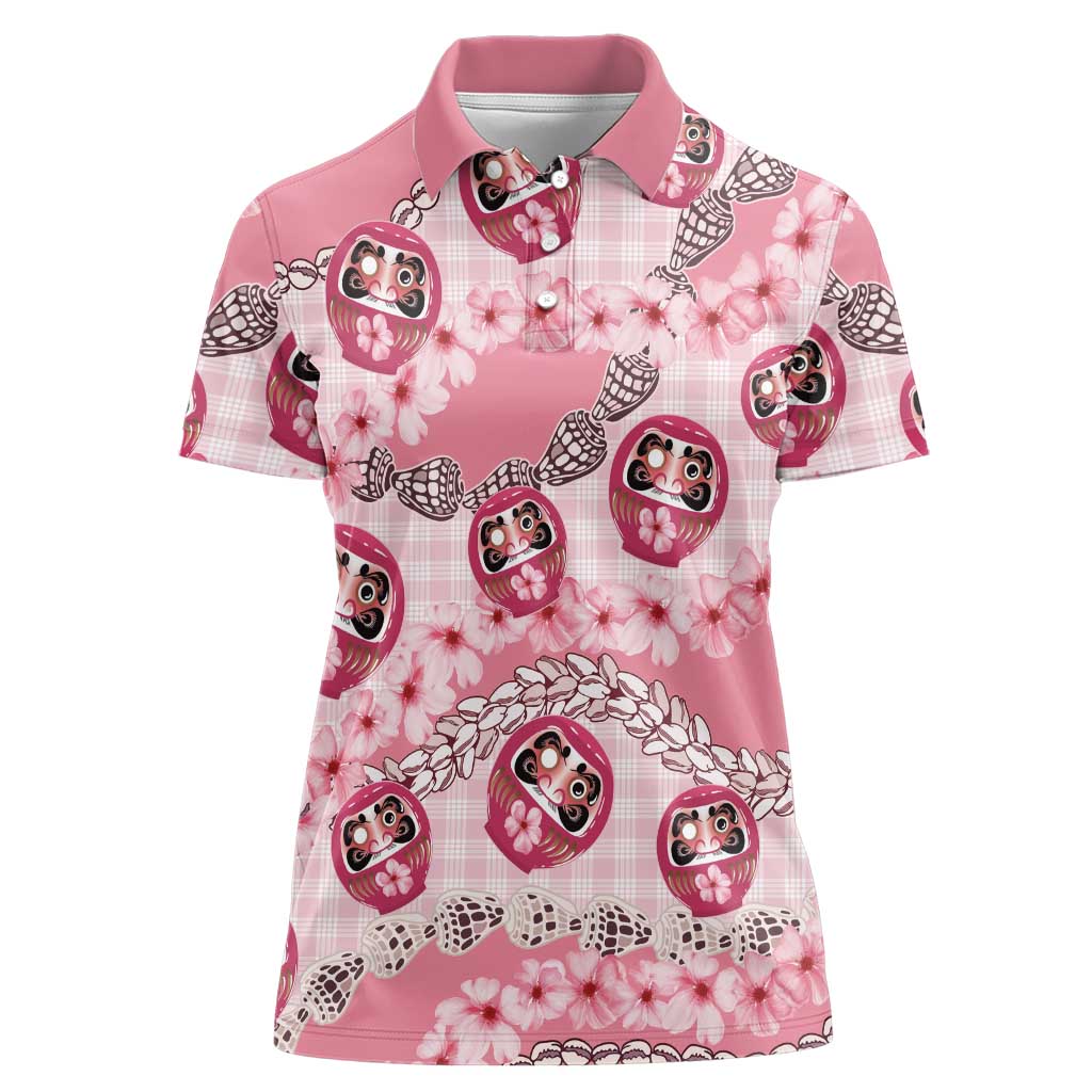 Japanese Daruma Doll Palaka Women Polo Shirt Cherry Blossoms With Shell Lei LT14 Female Pink - Polynesian Pride