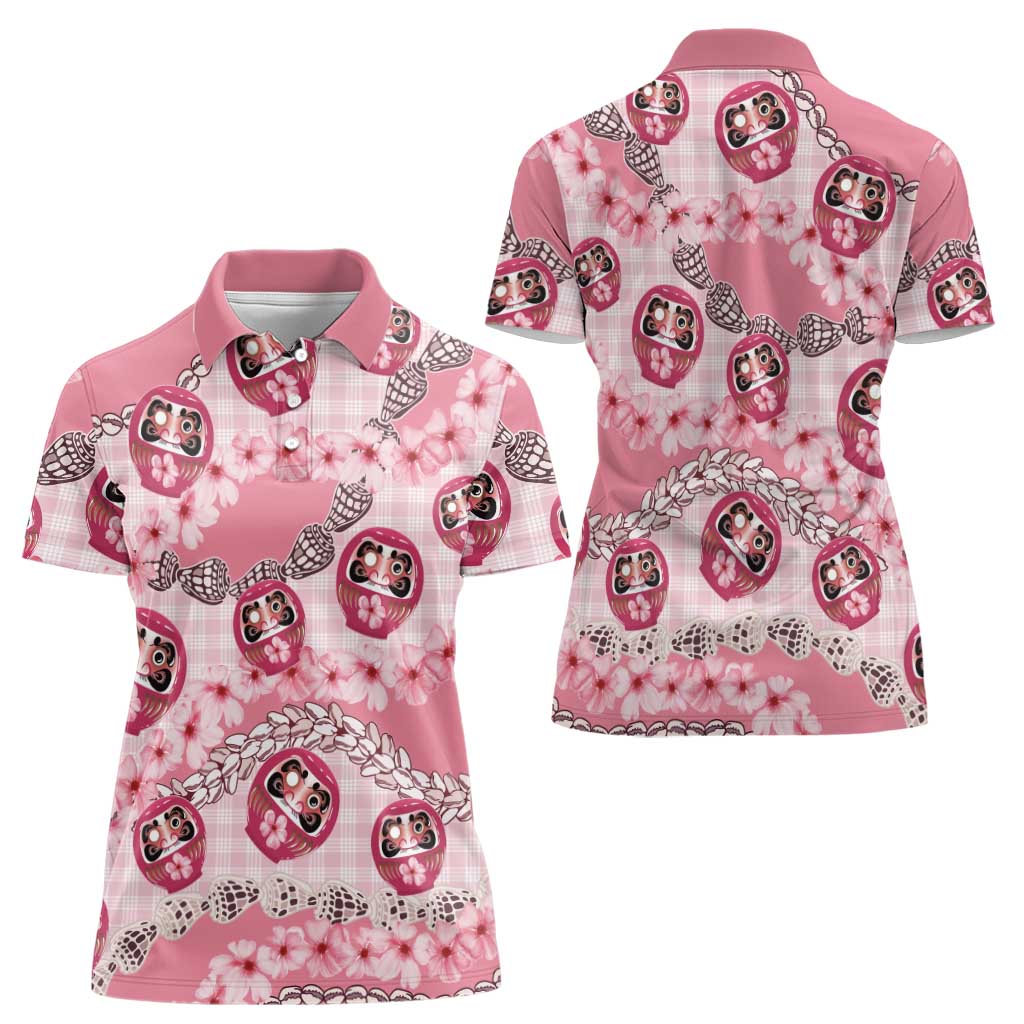 Japanese Daruma Doll Palaka Women Polo Shirt Cherry Blossoms With Shell Lei LT14 - Polynesian Pride