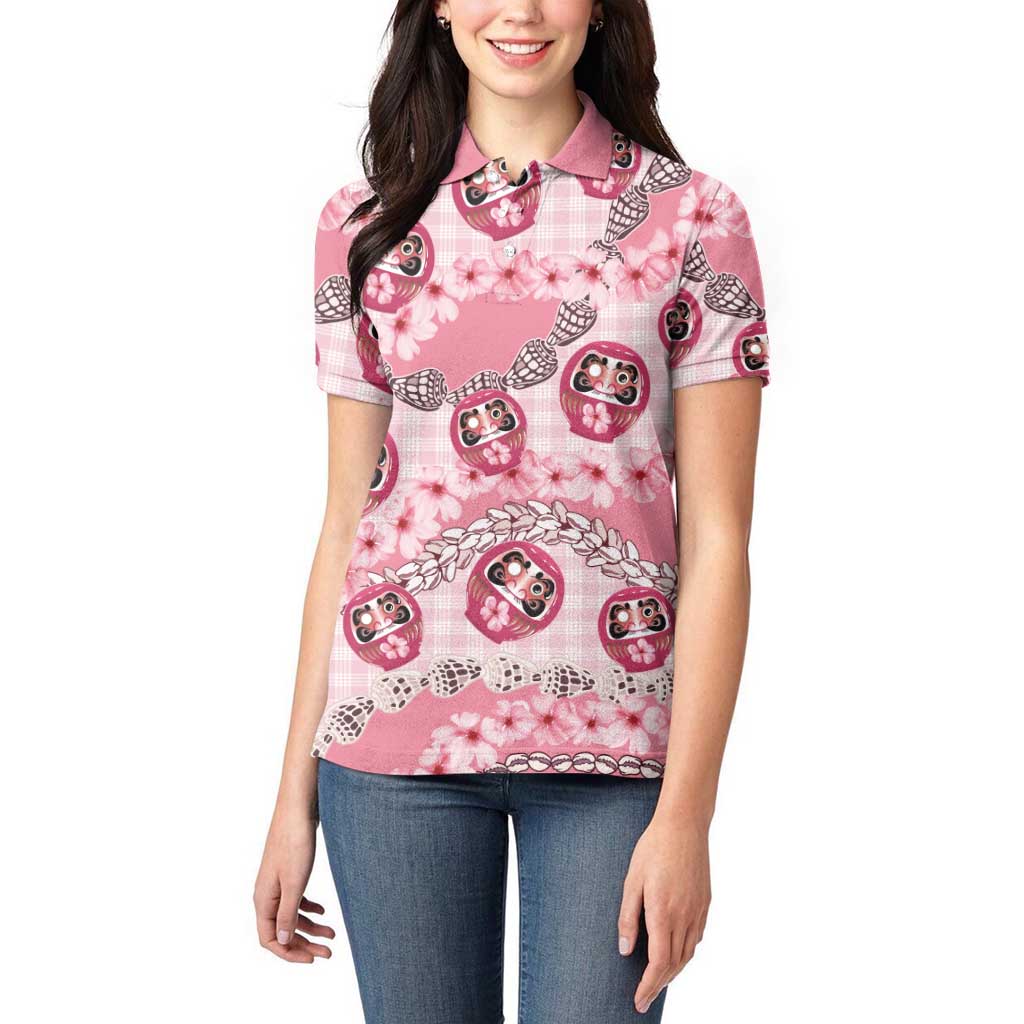 Japanese Daruma Doll Palaka Women Polo Shirt Cherry Blossoms With Shell Lei LT14 - Polynesian Pride