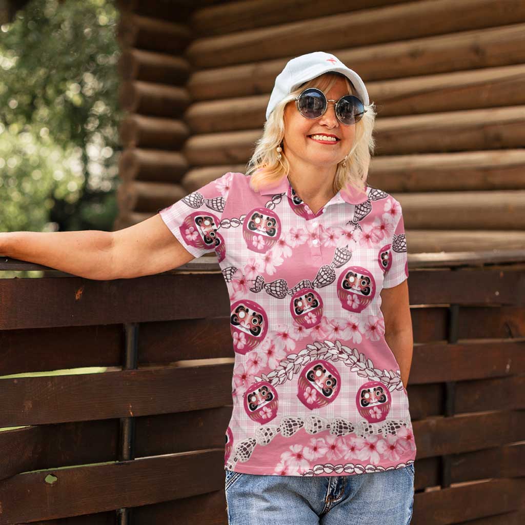 Japanese Daruma Doll Palaka Women Polo Shirt Cherry Blossoms With Shell Lei LT14 - Polynesian Pride