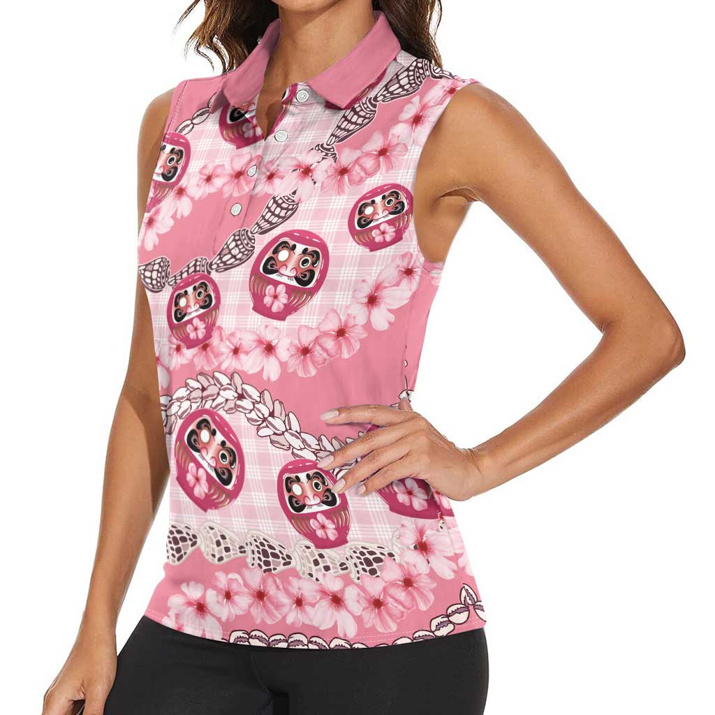 Japanese Daruma Doll Palaka Women Sleeveless Polo Shirt Cherry Blossoms With Shell Lei - Polynesian Pride