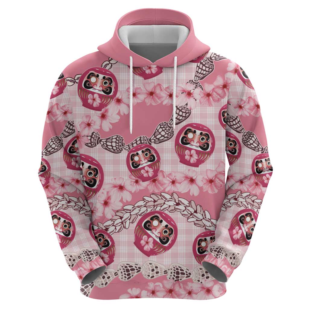 Japanese Daruma Doll Palaka Zip Hoodie Cherry Blossoms With Shell Lei - Polynesian Pride
