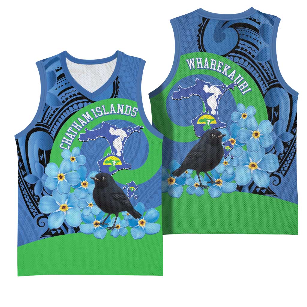 New Zealand Chatham Islands Basketball Jersey Wharekauri Forget Me Not With Black Robin - Polynesian Pride