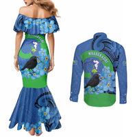 New Zealand Chatham Islands Couples Matching Mermaid Dress and Long Sleeve Button Shirt Wharekauri Forget Me Not With Black Robin LT14 - Polynesian Pride