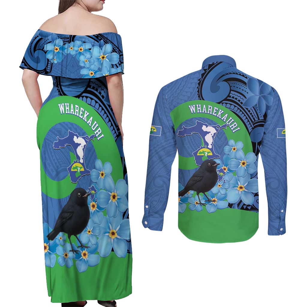 New Zealand Chatham Islands Couples Matching Off Shoulder Maxi Dress and Long Sleeve Button Shirt Wharekauri Forget Me Not With Black Robin LT14 - Polynesian Pride