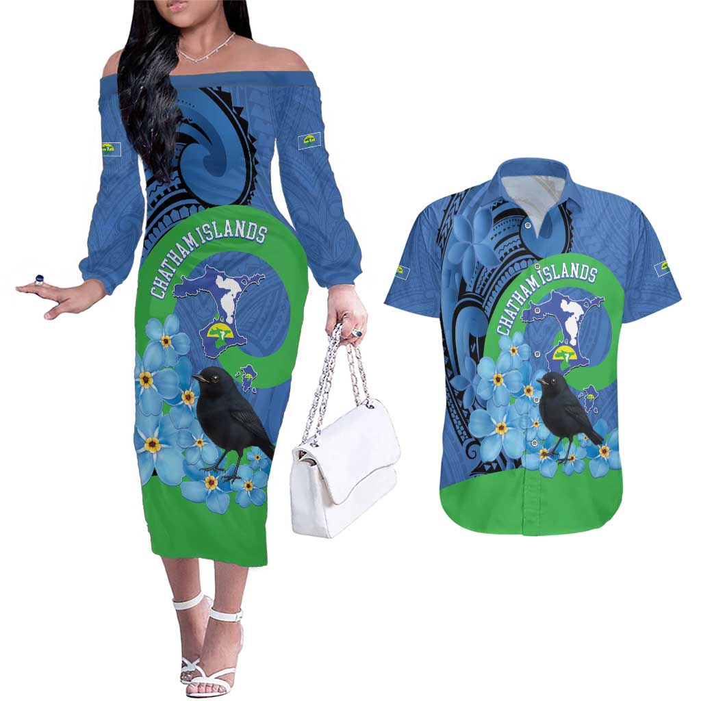 New Zealand Chatham Islands Couples Matching Off The Shoulder Long Sleeve Dress and Hawaiian Shirt Wharekauri Forget Me Not With Black Robin