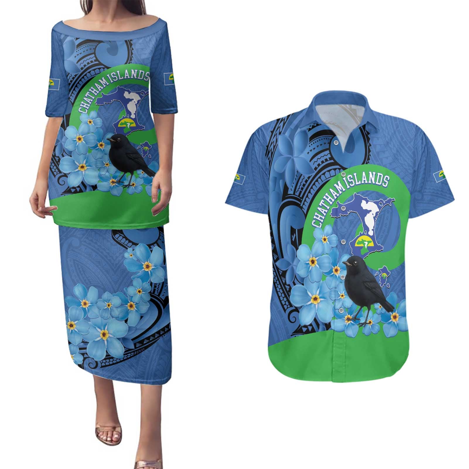 New Zealand Chatham Islands Couples Matching Puletasi and Hawaiian Shirt Wharekauri Forget Me Not With Black Robin