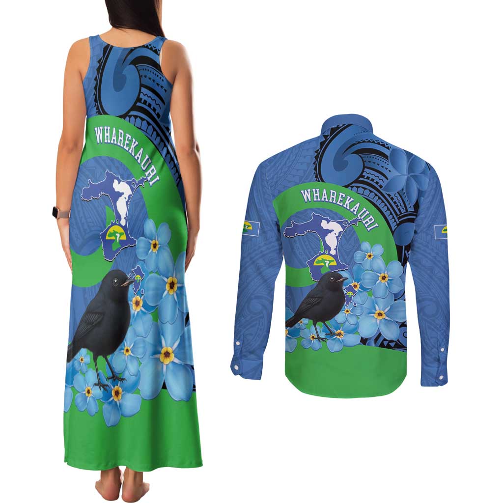 New Zealand Chatham Islands Couples Matching Tank Maxi Dress and Long Sleeve Button Shirt Wharekauri Forget Me Not With Black Robin LT14 - Polynesian Pride