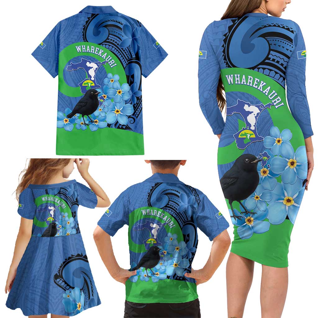 New Zealand Chatham Islands Family Matching Long Sleeve Bodycon Dress and Hawaiian Shirt Wharekauri Forget Me Not With Black Robin LT14 - Polynesian Pride