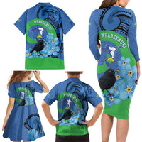 New Zealand Chatham Islands Family Matching Long Sleeve Bodycon Dress and Hawaiian Shirt Wharekauri Forget Me Not With Black Robin LT14 - Polynesian Pride