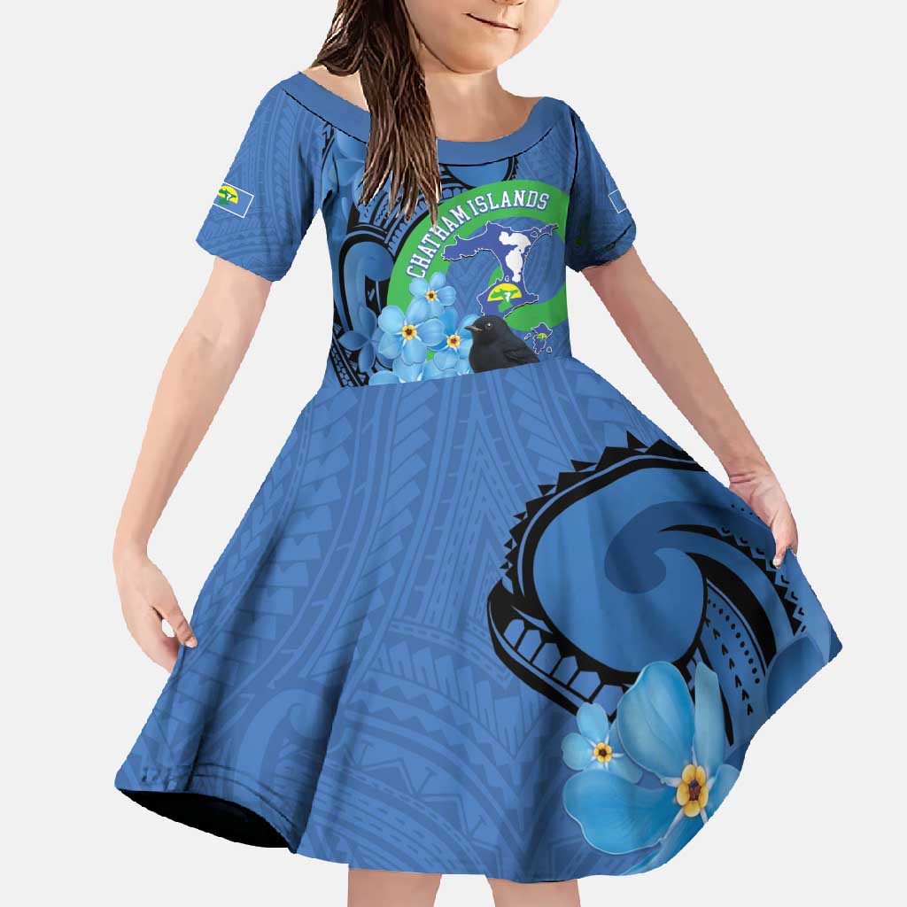 New Zealand Chatham Islands Family Matching Mermaid Dress and Hawaiian Shirt Wharekauri Forget Me Not With Black Robin LT14 Daughter's Dress Blue - Polynesian Pride