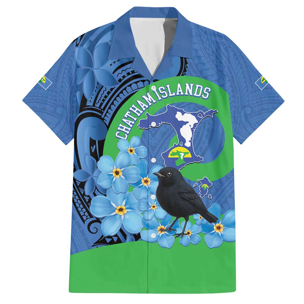 New Zealand Chatham Islands Family Matching Summer Maxi Dress and Hawaiian Shirt Wharekauri Forget Me Not With Black Robin LT14 Dad's Shirt - Short Sleeve Blue - Polynesian Pride