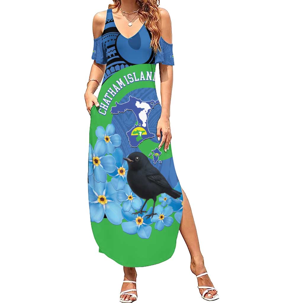 New Zealand Chatham Islands Family Matching Summer Maxi Dress and Hawaiian Shirt Wharekauri Forget Me Not With Black Robin LT14 Mom's Dress Blue - Polynesian Pride