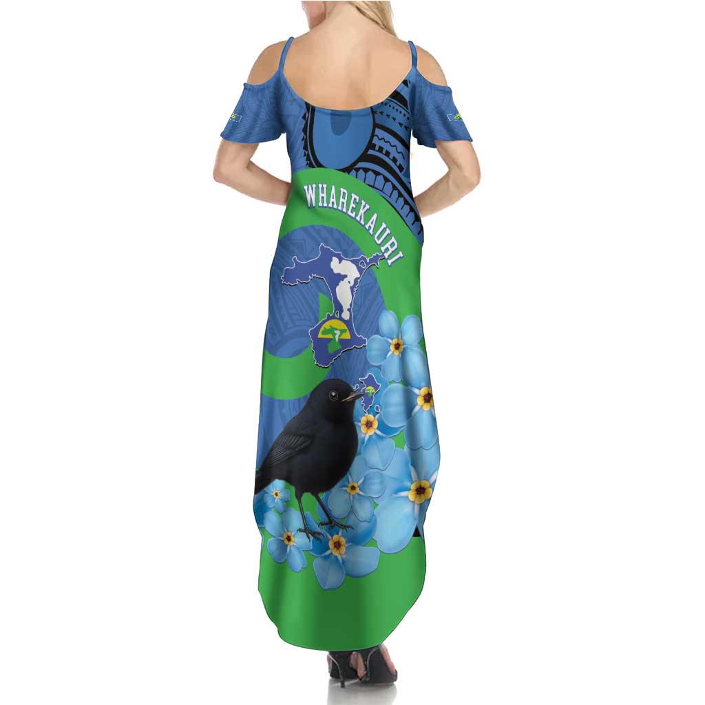 New Zealand Chatham Islands Family Matching Summer Maxi Dress and Hawaiian Shirt Wharekauri Forget Me Not With Black Robin LT14 - Polynesian Pride