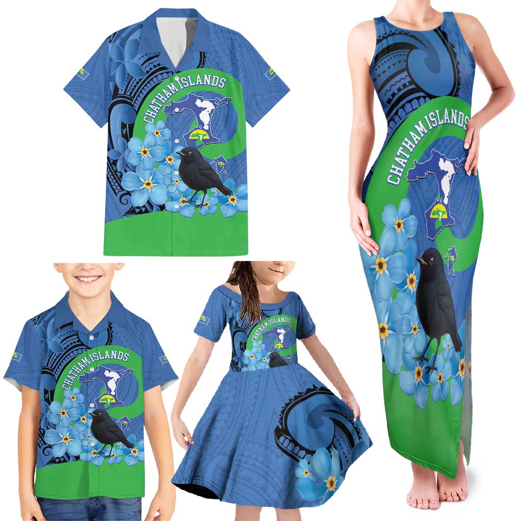 New Zealand Chatham Islands Family Matching Tank Maxi Dress and Hawaiian Shirt Wharekauri Forget Me Not With Black Robin LT14 - Polynesian Pride