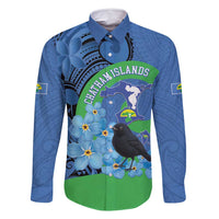 New Zealand Chatham Islands Family Matching Tank Maxi Dress and Hawaiian Shirt Wharekauri Forget Me Not With Black Robin LT14 Dad's Shirt - Long Sleeve Blue - Polynesian Pride