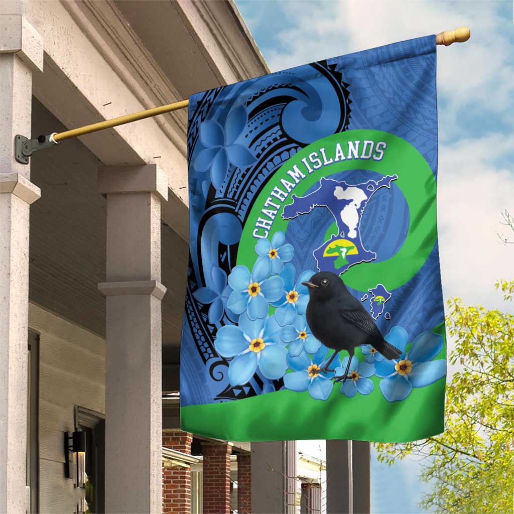 New Zealand Chatham Islands Garden Flag Wharekauri Forget Me Not With Black Robin