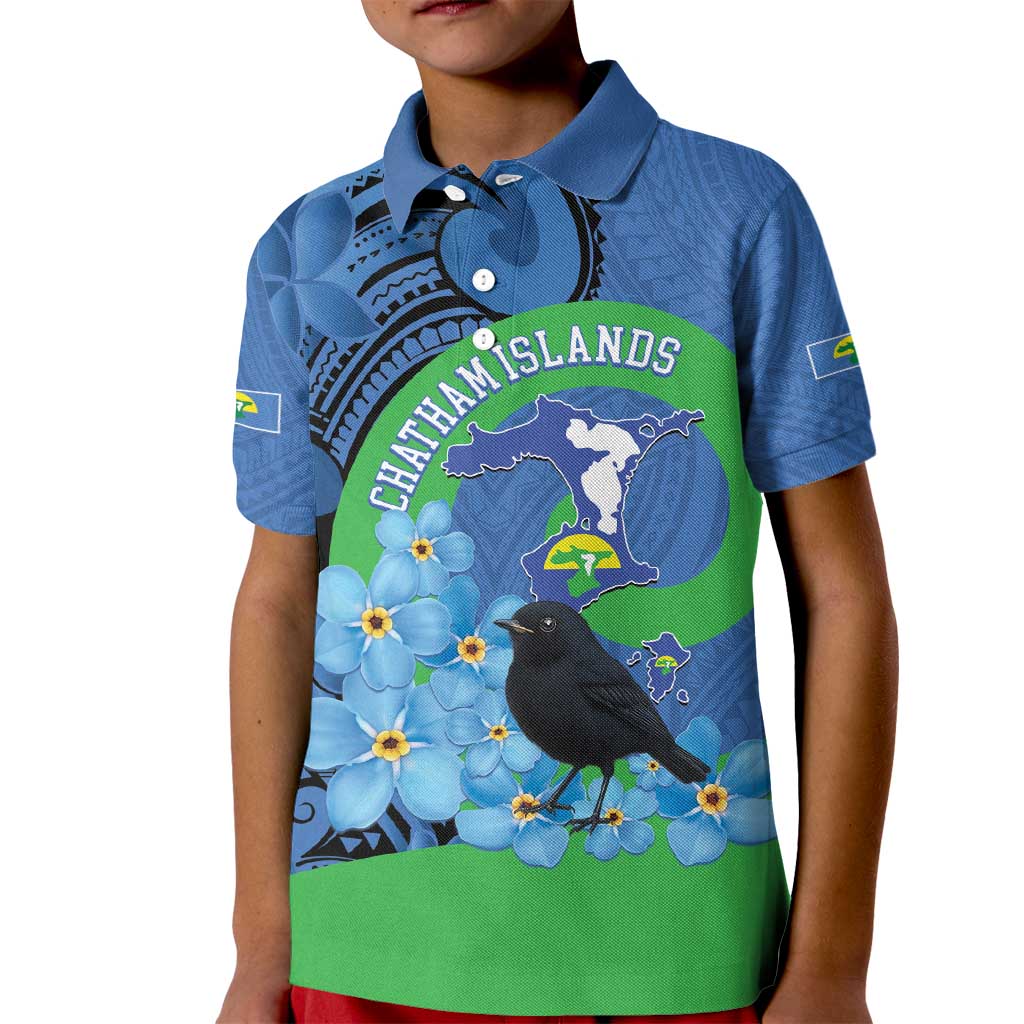 New Zealand Chatham Islands Kid Polo Shirt Wharekauri Forget Me Not With Black Robin LT14 Kid Blue - Polynesian Pride