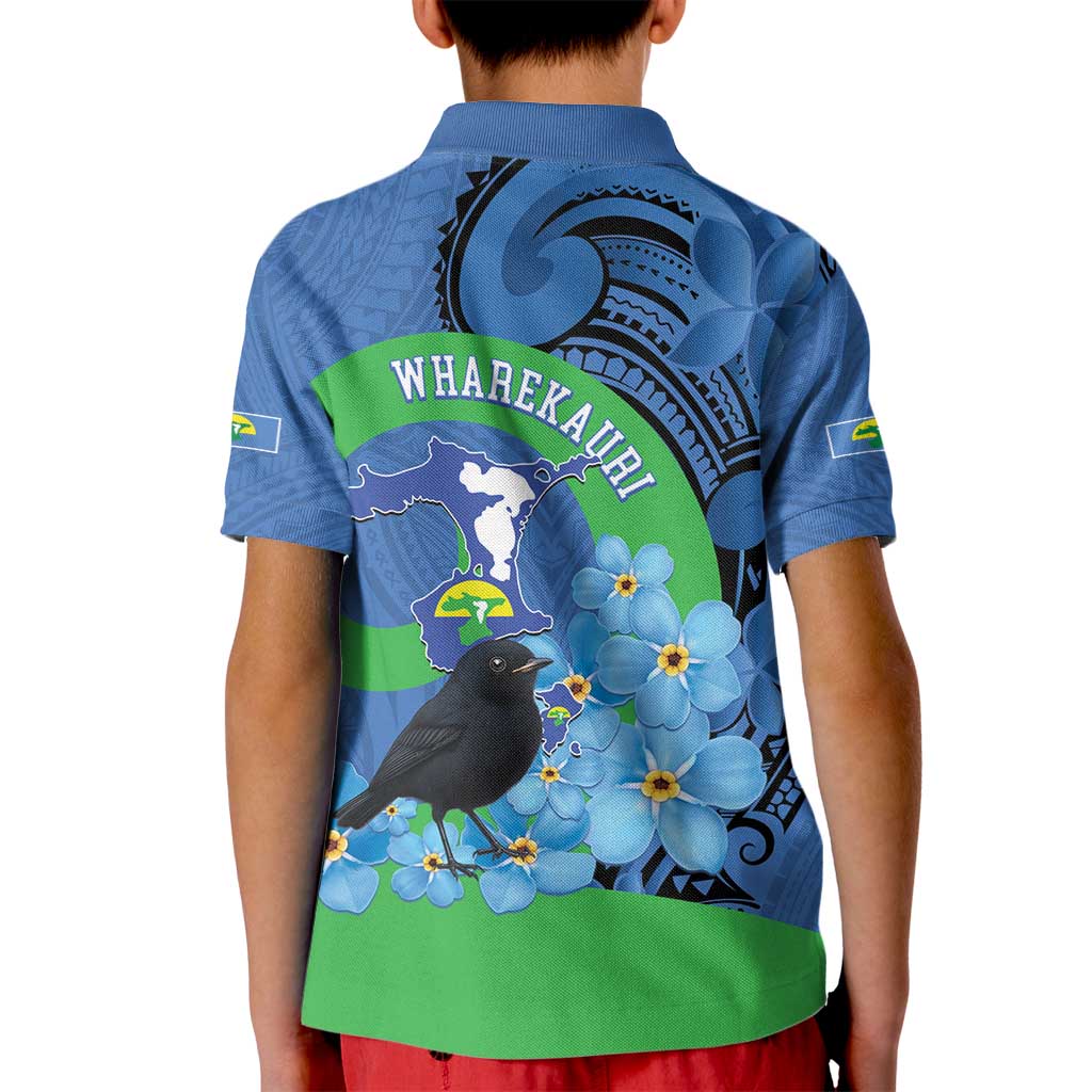 New Zealand Chatham Islands Kid Polo Shirt Wharekauri Forget Me Not With Black Robin LT14 - Polynesian Pride