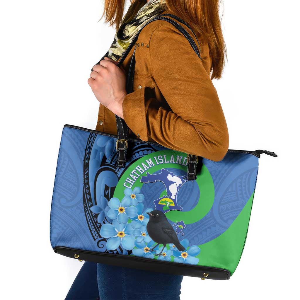 New Zealand Chatham Islands Leather Tote Bag Wharekauri Forget Me Not With Black Robin